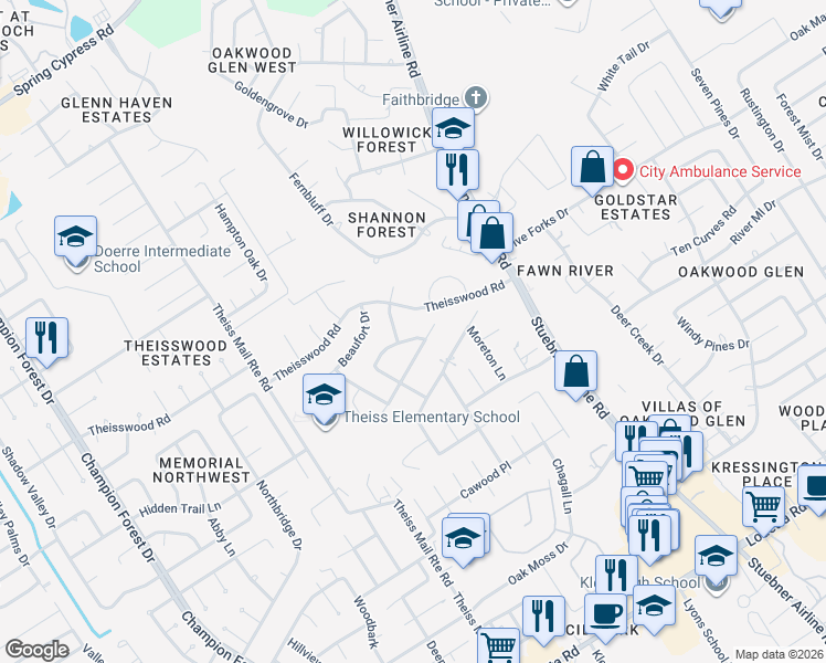 map of restaurants, bars, coffee shops, grocery stores, and more near 7706 Shelburne Circle in Spring