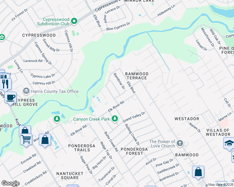 map of restaurants, bars, coffee shops, grocery stores, and more near 18007 Bambridge Drive in Houston