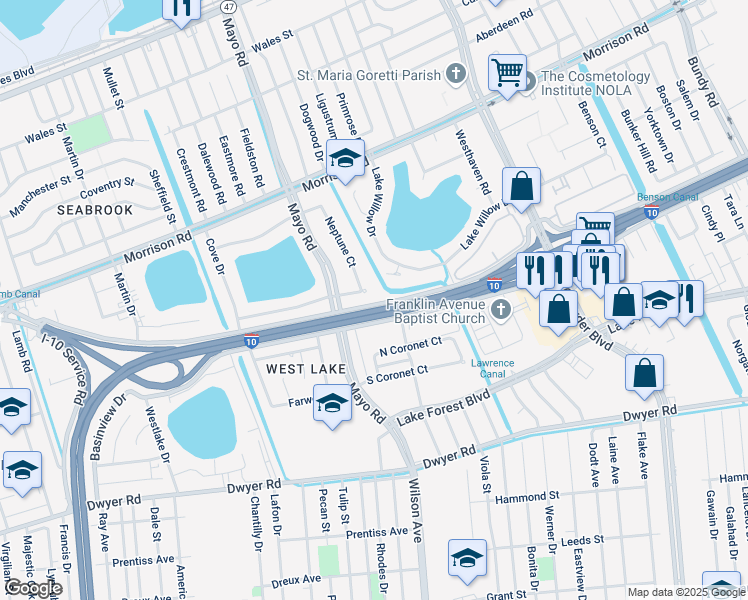 map of restaurants, bars, coffee shops, grocery stores, and more near 7650 Arbor Drive in New Orleans