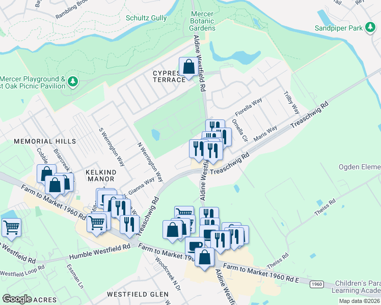 map of restaurants, bars, coffee shops, grocery stores, and more near Treaschwig Road in Houston