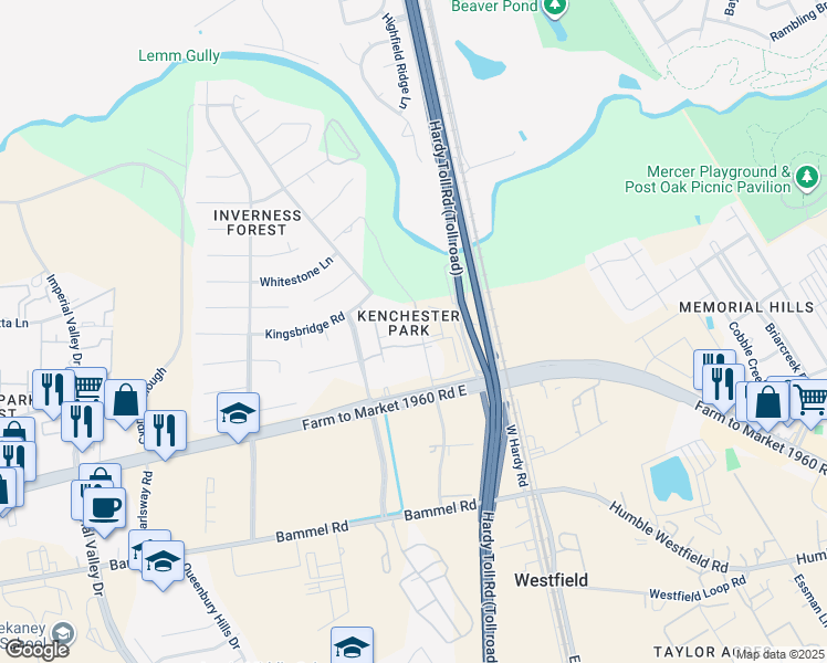 map of restaurants, bars, coffee shops, grocery stores, and more near 21717 Inverness Forest Boulevard in Houston