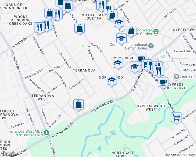 map of restaurants, bars, coffee shops, grocery stores, and more near 5203 Glenmere Lane in Spring