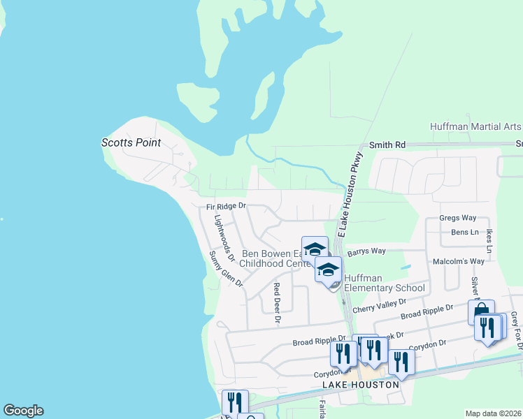map of restaurants, bars, coffee shops, grocery stores, and more near 326 Fir Ridge Drive in Huffman