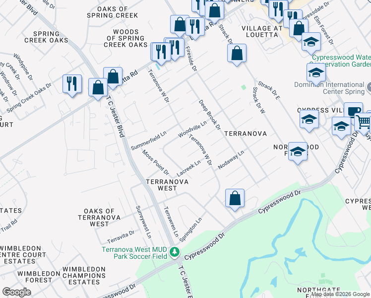map of restaurants, bars, coffee shops, grocery stores, and more near 5519 Slashwood Lane in Spring