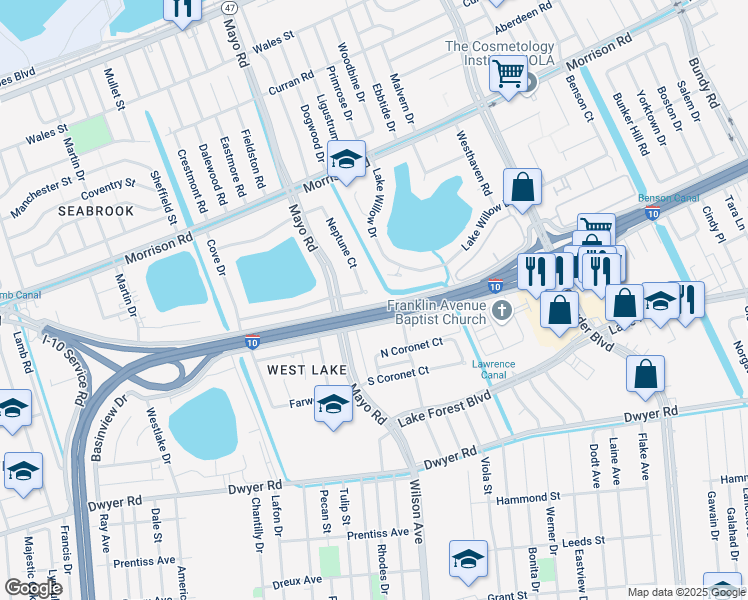 map of restaurants, bars, coffee shops, grocery stores, and more near 7650 Arbor Drive in New Orleans