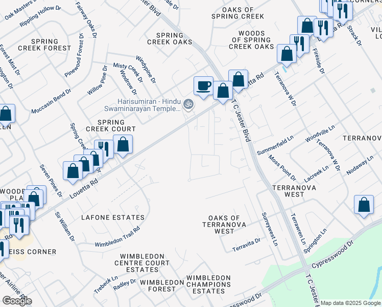 map of restaurants, bars, coffee shops, grocery stores, and more near Dover Mills Drive in Harris County