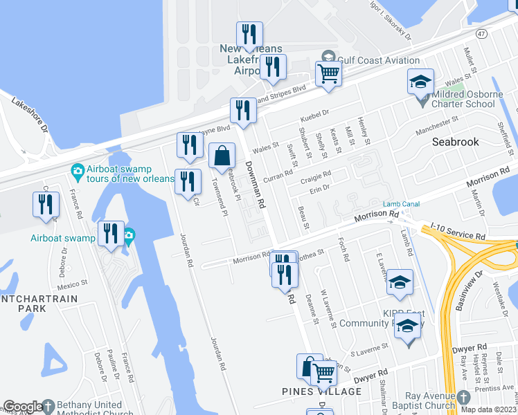 map of restaurants, bars, coffee shops, grocery stores, and more near 7511 Creighton Place in New Orleans