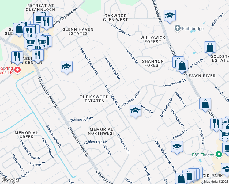 map of restaurants, bars, coffee shops, grocery stores, and more near 17814 Theiss Mail Route Road in Spring