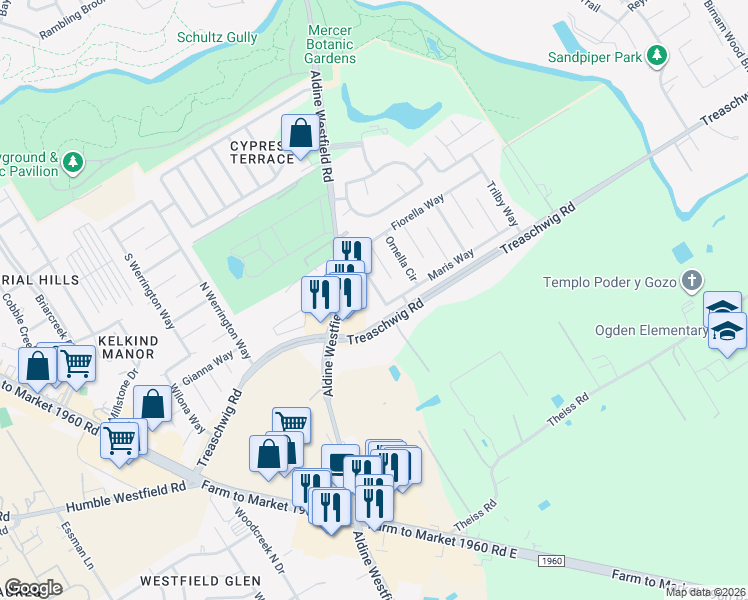 map of restaurants, bars, coffee shops, grocery stores, and more near 21531 Michaela Way in Humble