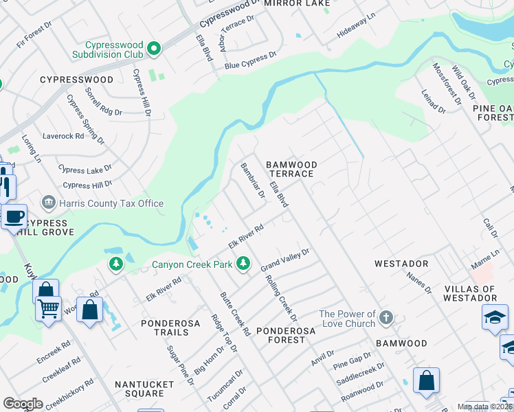 map of restaurants, bars, coffee shops, grocery stores, and more near 18007 Bambridge Drive in Houston
