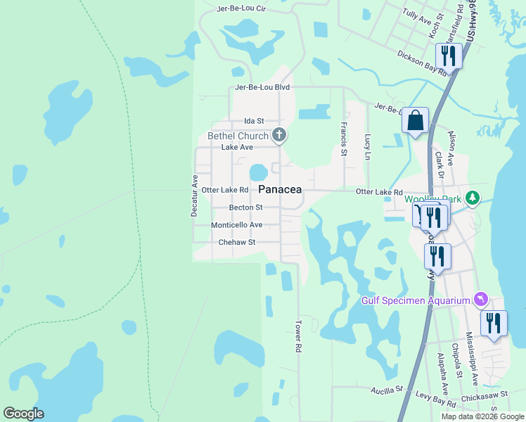 map of restaurants, bars, coffee shops, grocery stores, and more near 25 Becton Street in Panacea