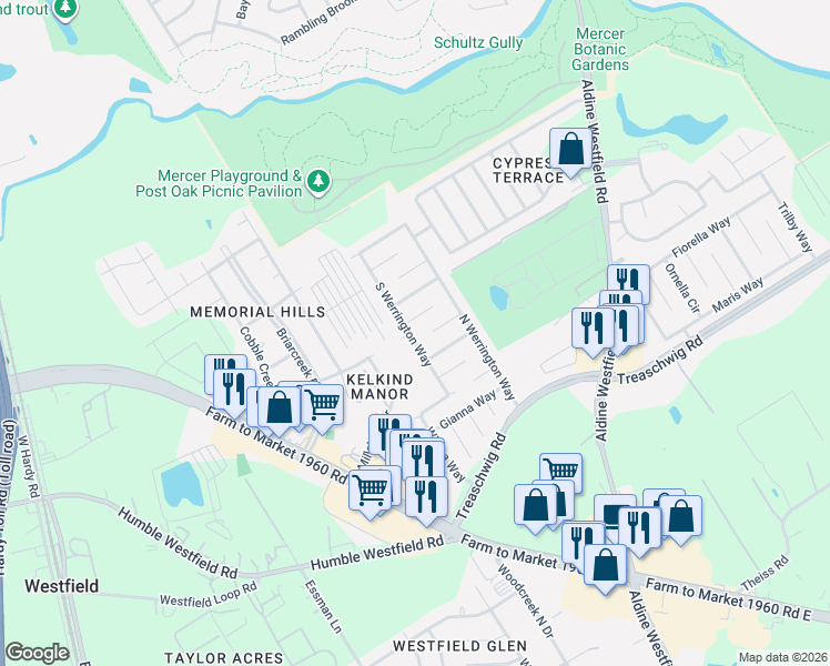 map of restaurants, bars, coffee shops, grocery stores, and more near 2411 High Island Way in Houston