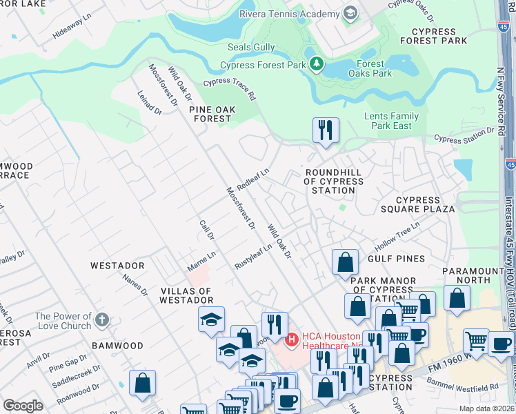 map of restaurants, bars, coffee shops, grocery stores, and more near 17907 Wild Oak Drive in Houston