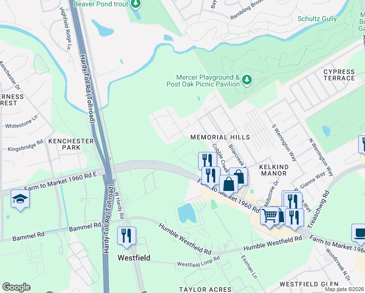 map of restaurants, bars, coffee shops, grocery stores, and more near 21202 Old Ranch Road in Houston