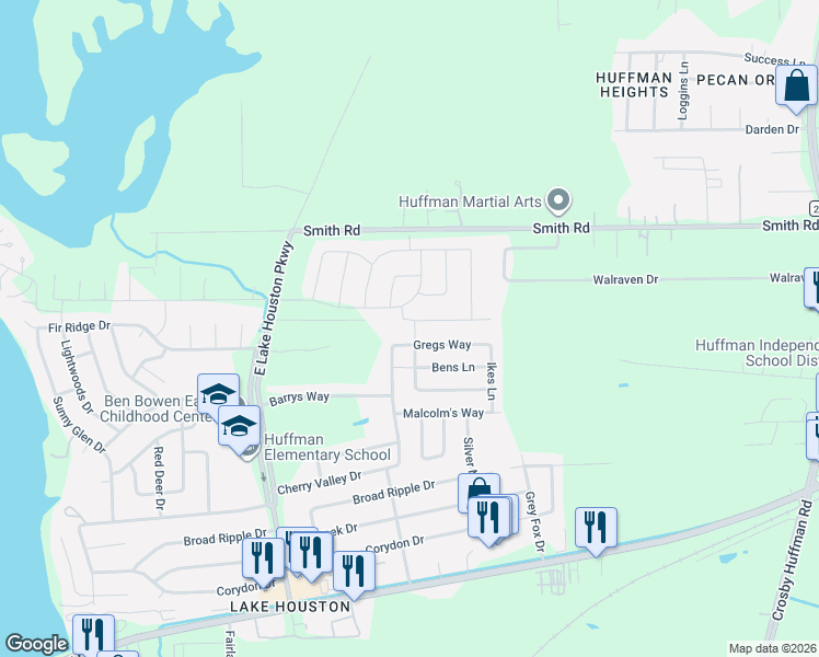 map of restaurants, bars, coffee shops, grocery stores, and more near 802 Redinger Ridge Drive in Huffman