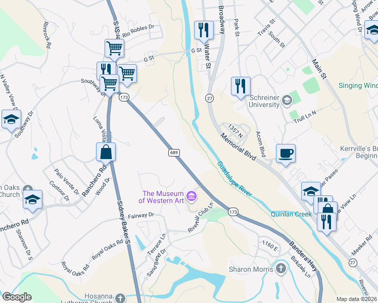 map of restaurants, bars, coffee shops, grocery stores, and more near 1441 Bandera Highway in Kerrville