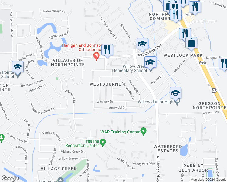 map of restaurants, bars, coffee shops, grocery stores, and more near 12243 Innisfall Circle in Tomball