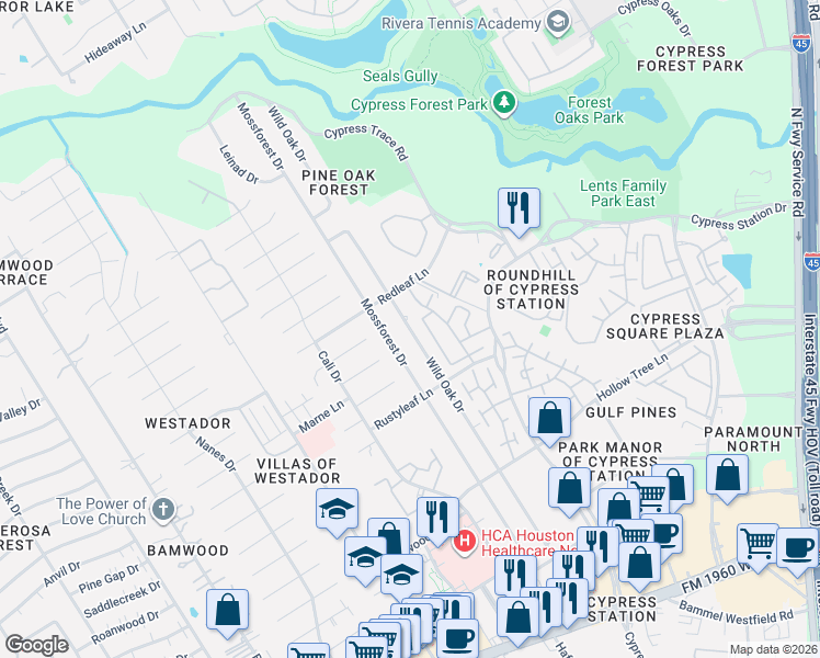 map of restaurants, bars, coffee shops, grocery stores, and more near 17907 Wild Oak Drive in Houston