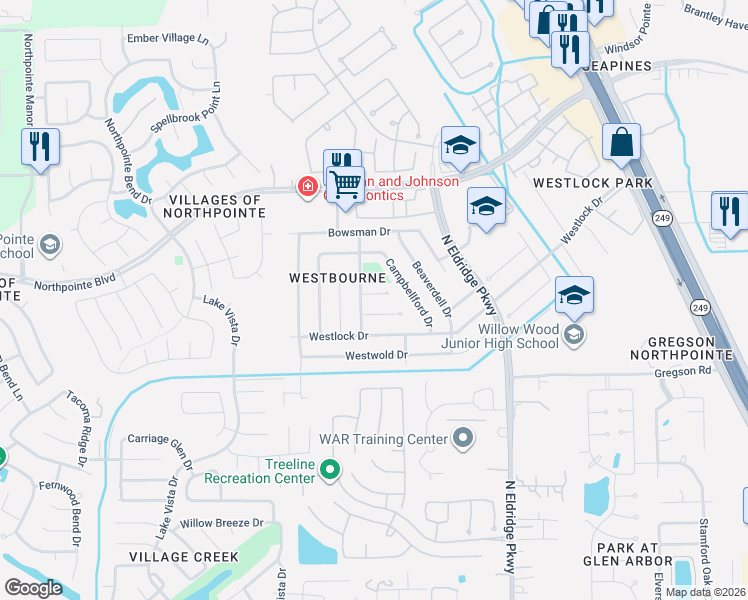 map of restaurants, bars, coffee shops, grocery stores, and more near 12243 Innisfall Circle in Tomball
