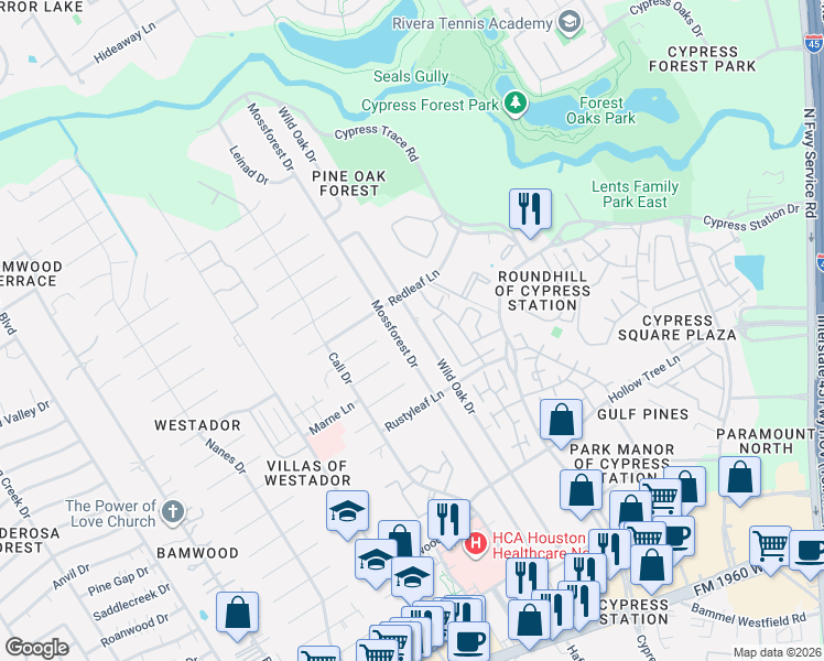 map of restaurants, bars, coffee shops, grocery stores, and more near 17907 Wild Oak Drive in Houston