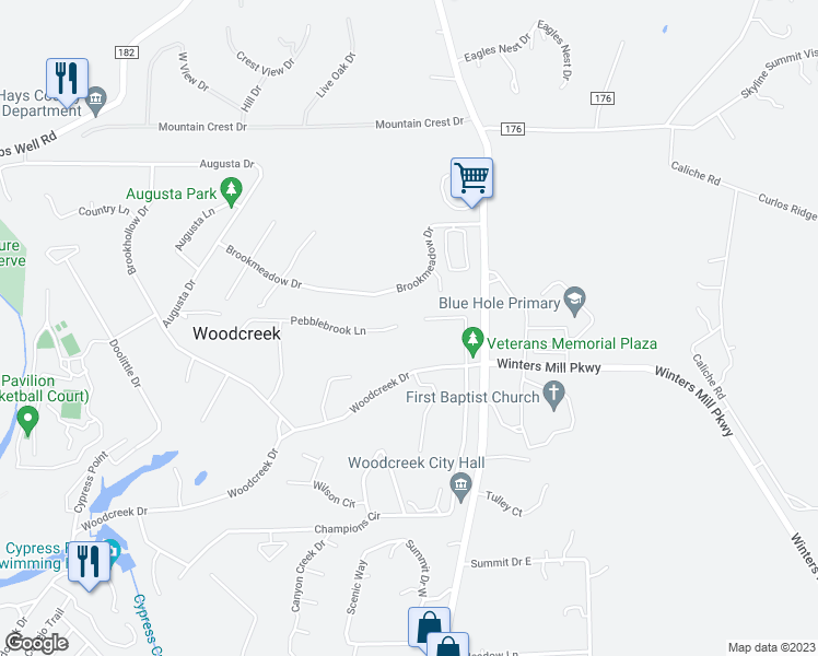 map of restaurants, bars, coffee shops, grocery stores, and more near 2 Pebblebrook Lane in Wimberley