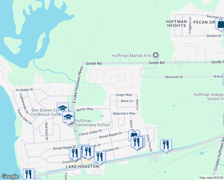 map of restaurants, bars, coffee shops, grocery stores, and more near 802 Redinger Ridge Drive in Huffman