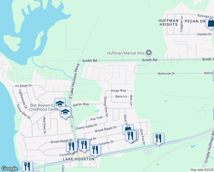 map of restaurants, bars, coffee shops, grocery stores, and more near 802 Redinger Ridge Drive in Huffman