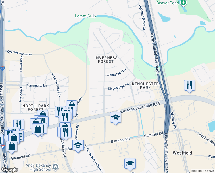 map of restaurants, bars, coffee shops, grocery stores, and more near 1103 Kingsbridge Road in Houston