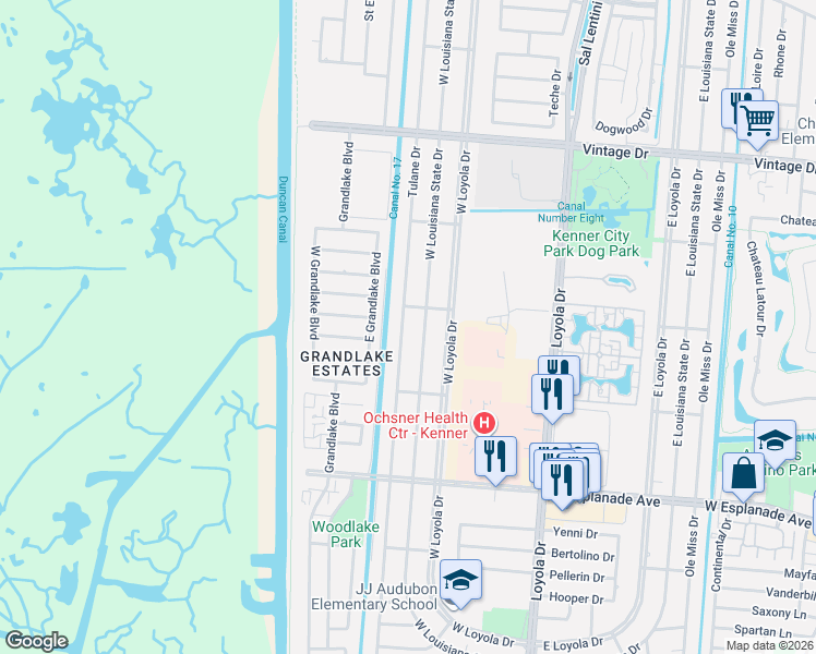 map of restaurants, bars, coffee shops, grocery stores, and more near 3665 West Louisiana State Drive in Kenner