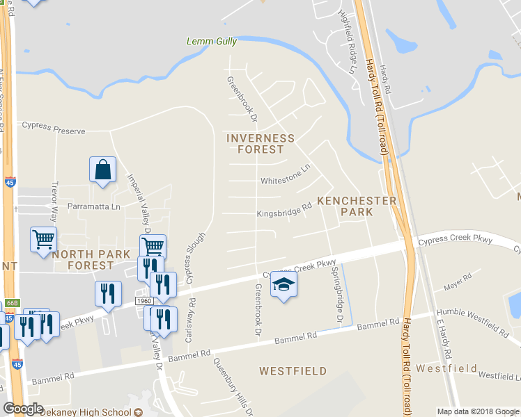 map of restaurants, bars, coffee shops, grocery stores, and more near 1103 Kingsbridge Road in Houston