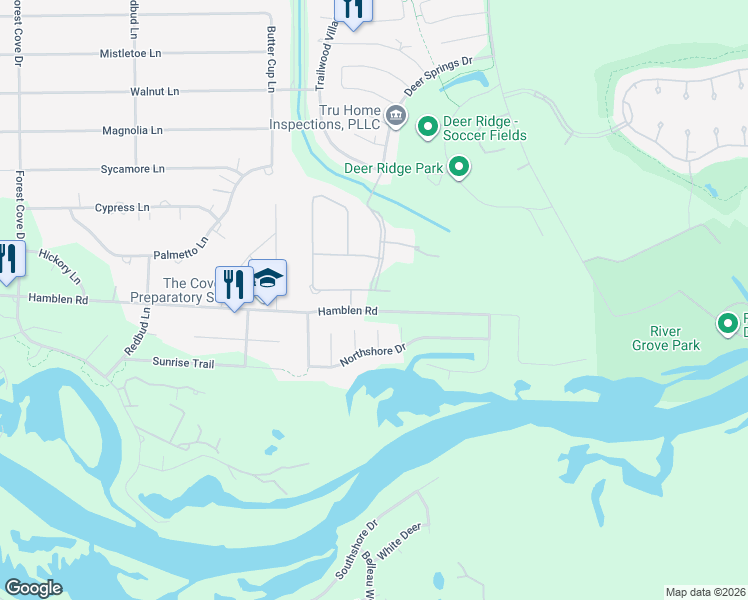 map of restaurants, bars, coffee shops, grocery stores, and more near 18 Majestic Falls Drive in Humble