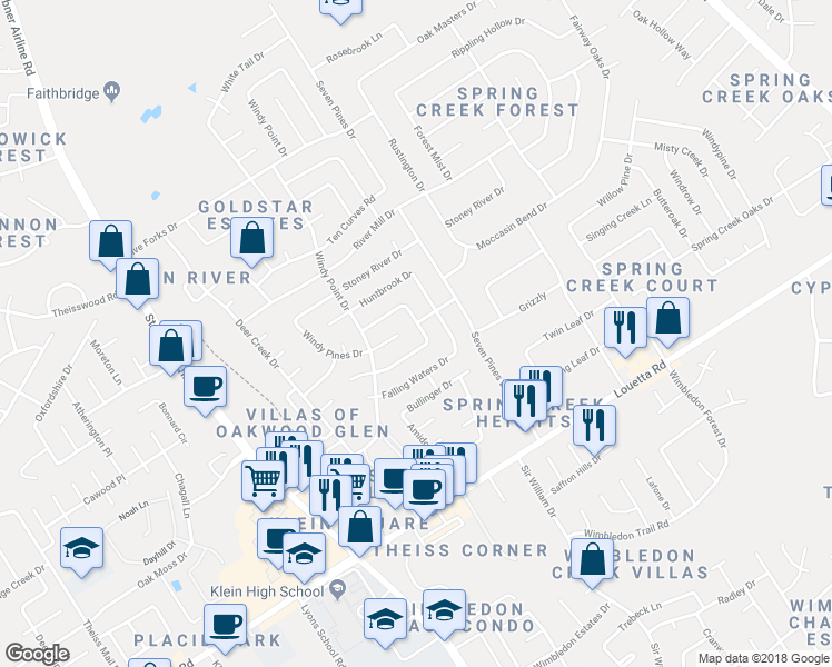 map of restaurants, bars, coffee shops, grocery stores, and more near 17115 Mellow Ridge Drive in Spring