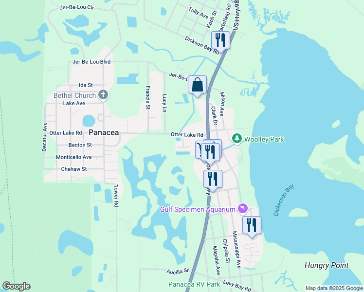 map of restaurants, bars, coffee shops, grocery stores, and more near 45 Otter Lake Road in Panacea