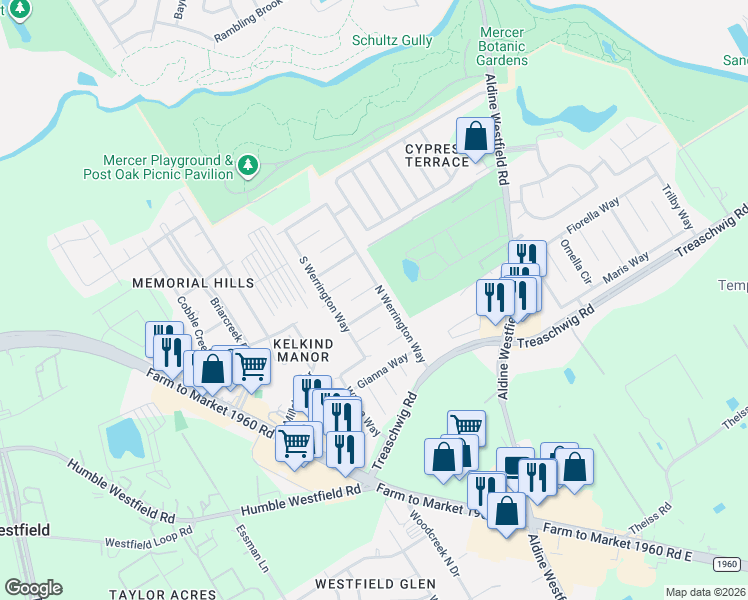 map of restaurants, bars, coffee shops, grocery stores, and more near 2459 Peterborough Way in Houston