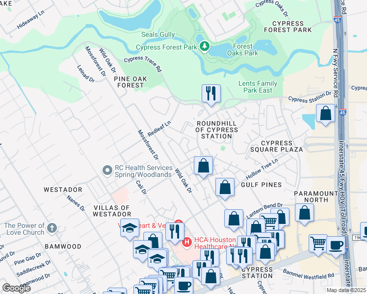 map of restaurants, bars, coffee shops, grocery stores, and more near 990 Cypress Station Drive in Houston