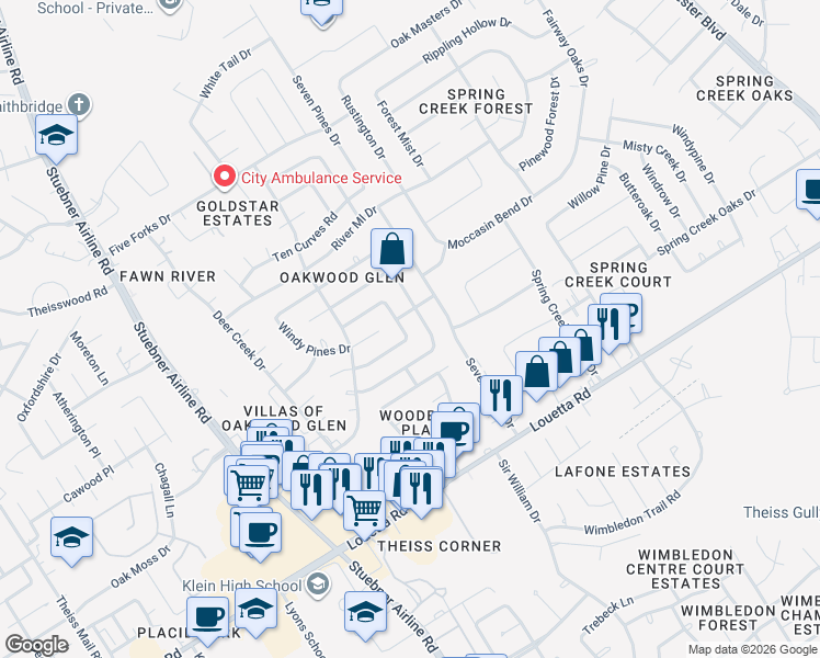 map of restaurants, bars, coffee shops, grocery stores, and more near 17115 Mellow Ridge Drive in Spring