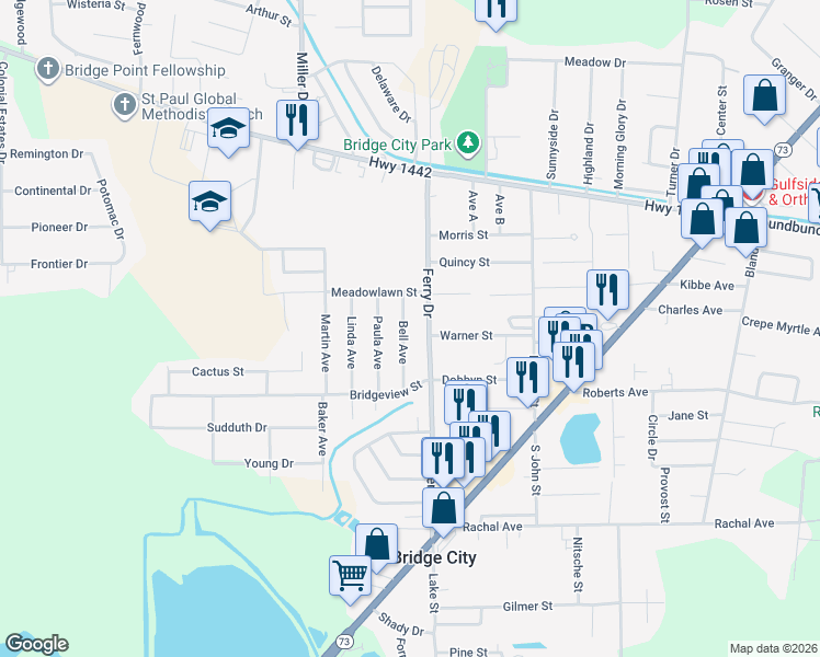 map of restaurants, bars, coffee shops, grocery stores, and more near 500 Ferry Drive in Bridge City