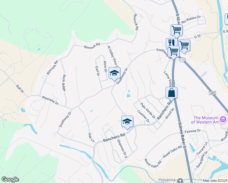 map of restaurants, bars, coffee shops, grocery stores, and more near 173 North Valley View Drive in Kerrville