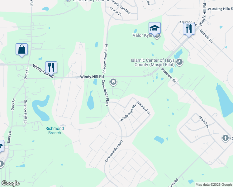 map of restaurants, bars, coffee shops, grocery stores, and more near 128 Headwind Way in Kyle