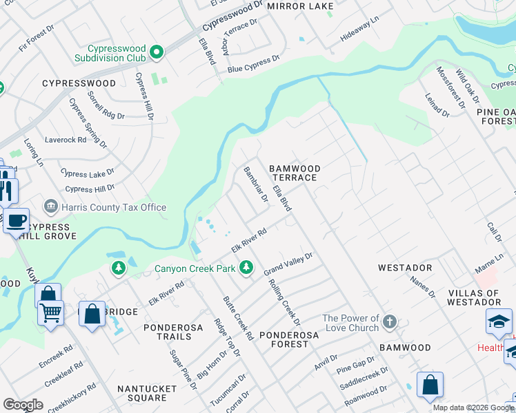 map of restaurants, bars, coffee shops, grocery stores, and more near 18007 Bambridge Drive in Houston