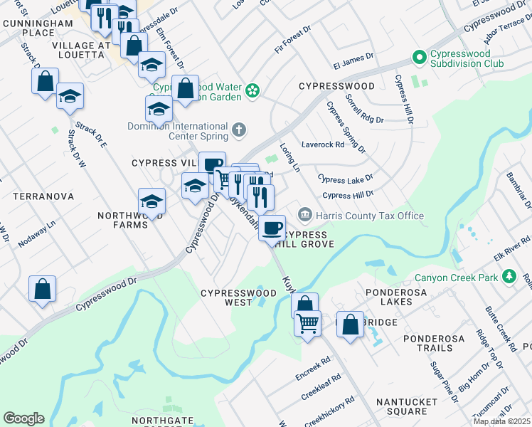 map of restaurants, bars, coffee shops, grocery stores, and more near 4322 Shady Pine Dr in Spring