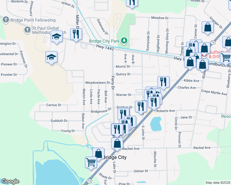 map of restaurants, bars, coffee shops, grocery stores, and more near 500 Ferry Drive in Bridge City