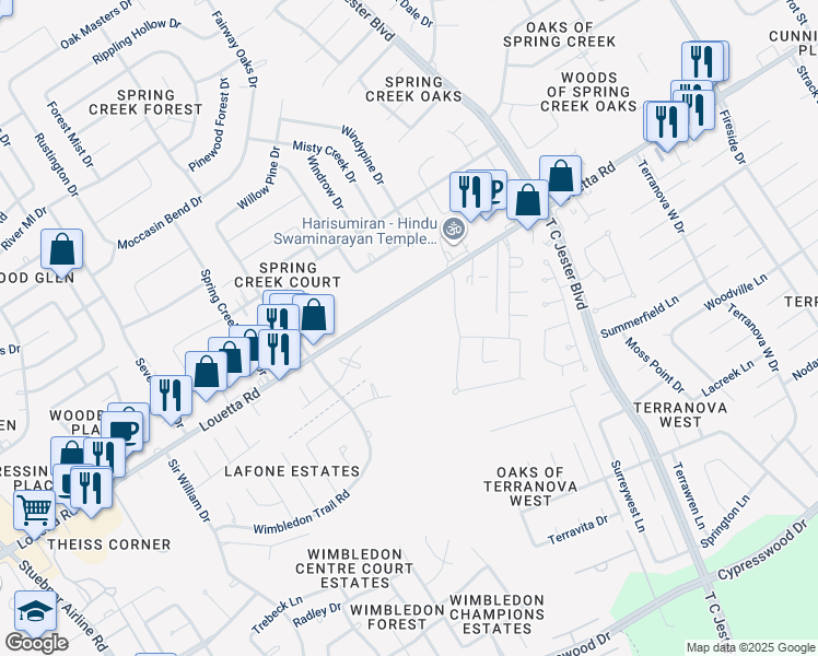 map of restaurants, bars, coffee shops, grocery stores, and more near 6131 Louetta Road in Spring