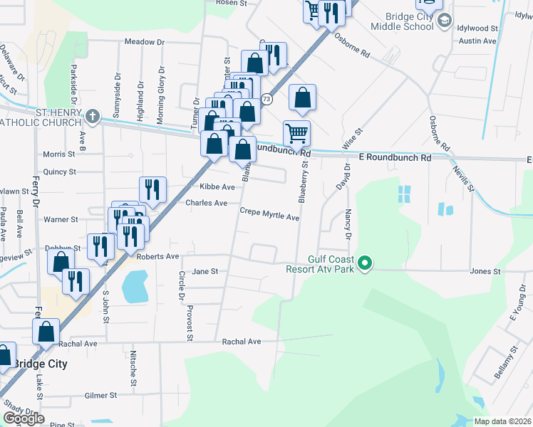 map of restaurants, bars, coffee shops, grocery stores, and more near 180 Crepe Myrtle Avenue in Bridge City