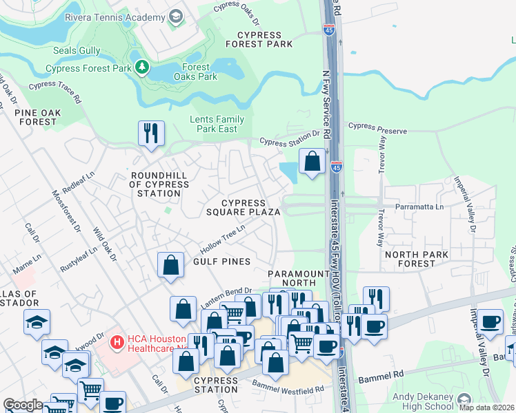 map of restaurants, bars, coffee shops, grocery stores, and more near 100 Hollow Tree Lane in Houston