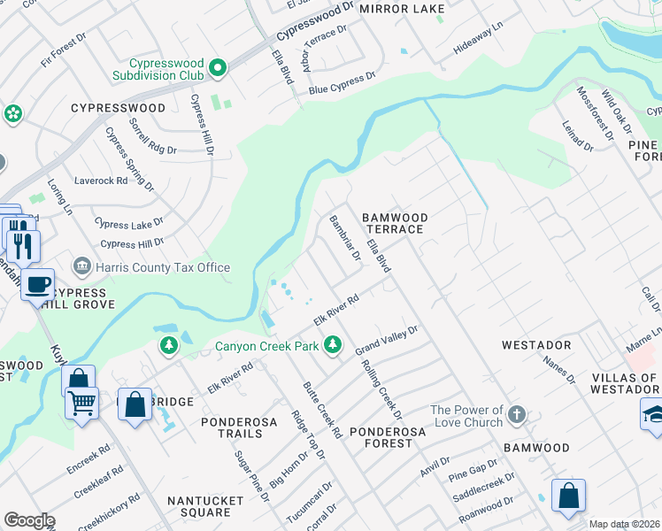 map of restaurants, bars, coffee shops, grocery stores, and more near 18007 Bambridge Drive in Houston