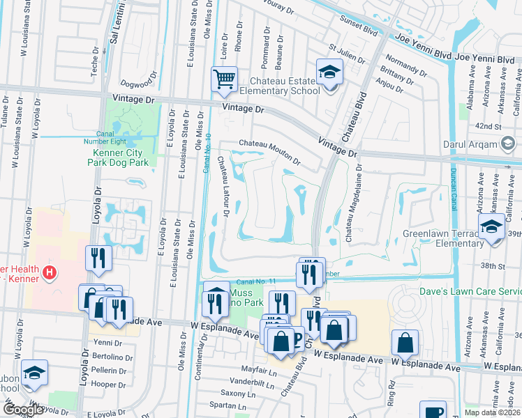 map of restaurants, bars, coffee shops, grocery stores, and more near 57 Chateau Palmer Drive in Kenner