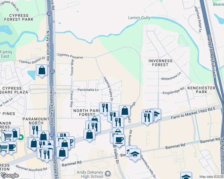 map of restaurants, bars, coffee shops, grocery stores, and more near 101-118 Parramatta Lane in Houston