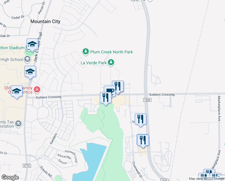 map of restaurants, bars, coffee shops, grocery stores, and more near 4100 Everett Street in Kyle