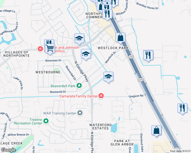 map of restaurants, bars, coffee shops, grocery stores, and more near 11902 Westwold Drive in Tomball